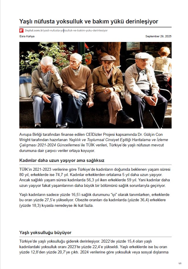 Yaşlı nüfusta yoksulluk ve bakım yükü derinleşiyor