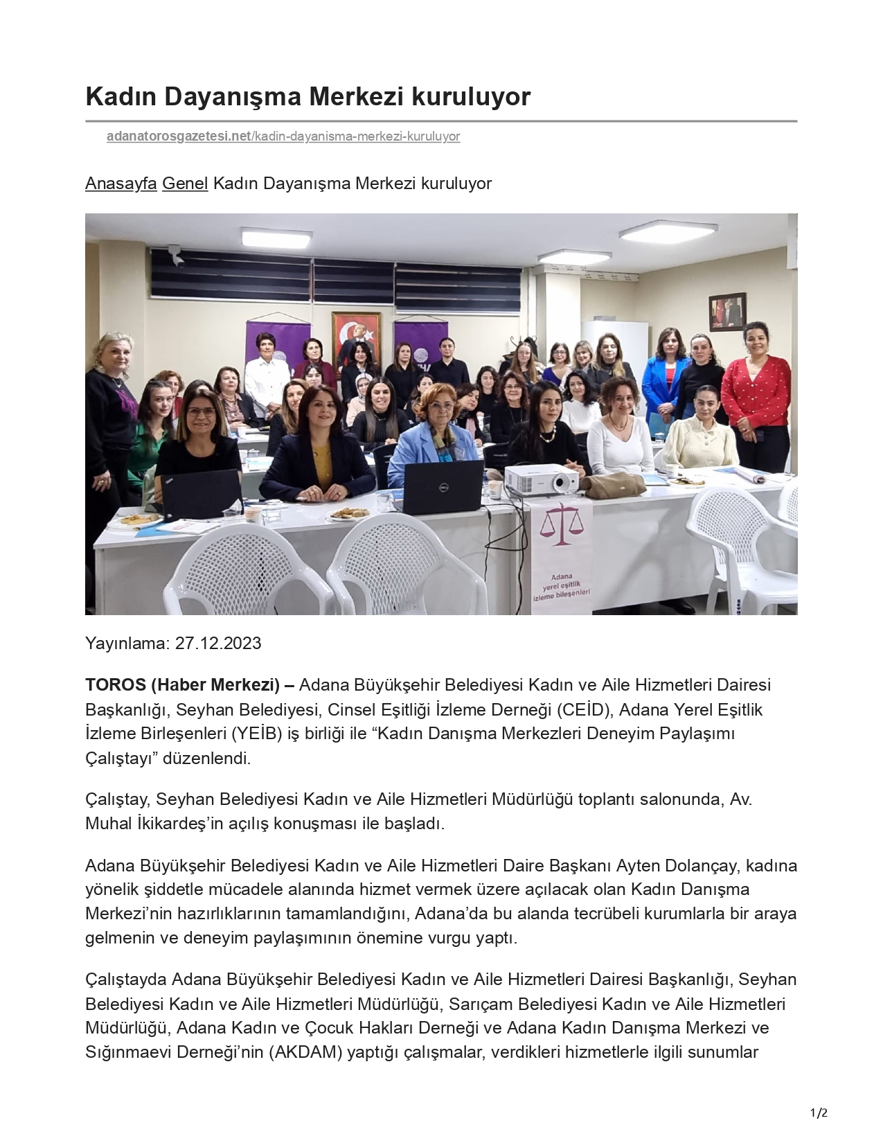 Adana Toros Gazetesi: Kadın Dayanışma Merkezi Kuruluyor