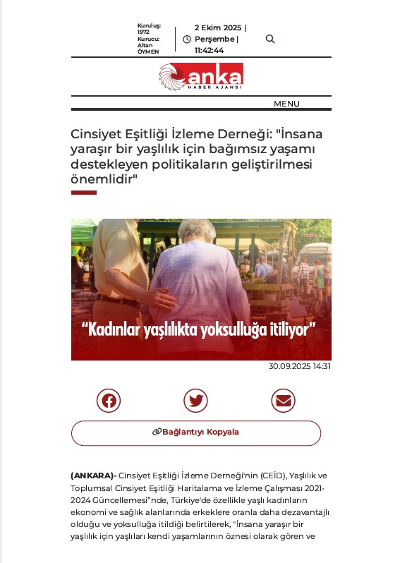 Cinsiyet Eşitliği İzleme Derneği: "İnsana yaraşır bir yaşlılık için bağımsız yaşamı destekleyen politikaların geliştirilmesi önemlidir"