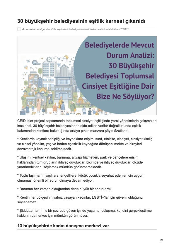 Ekonomim: "Belediyelerde Mevcut Durum Analizi: 30 Büyükşehir Belediyesi Toplumsal Cinsiyet Eşitliğine Dair Bize Ne Söylüyor?"