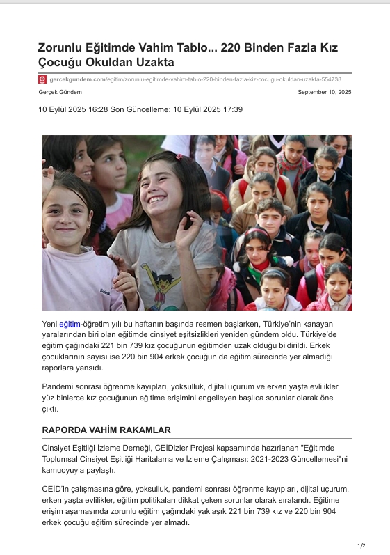 Zorunlu Eğitimde Vahim Tablo... 220 Binden Fazla Kız  Çocuğu Okuldan Uzakta
