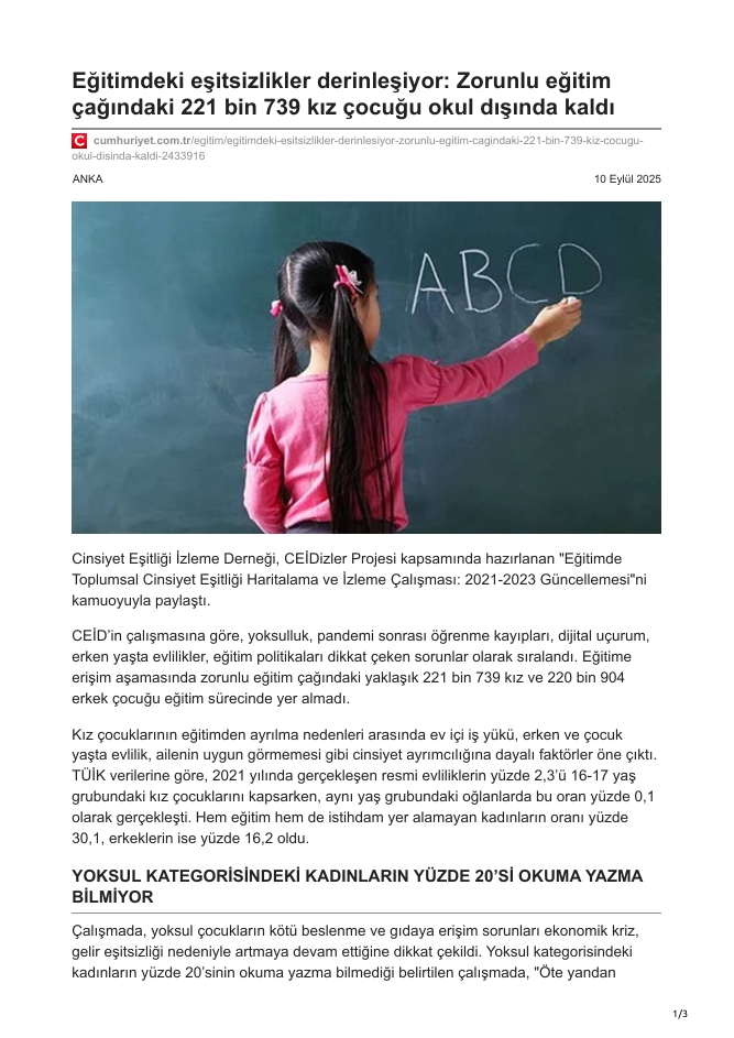Eğitimdeki eşitsizlikler derinleşiyor: Zorunlu eğitim  çağındaki 221 bin 739 kız çocuğu okul dışında kaldı