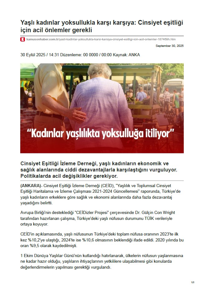 Yaşlı kadınlar yoksullukla karşı karşıya: Cinsiyet eşitliğiiçin acil önlemler gerekli