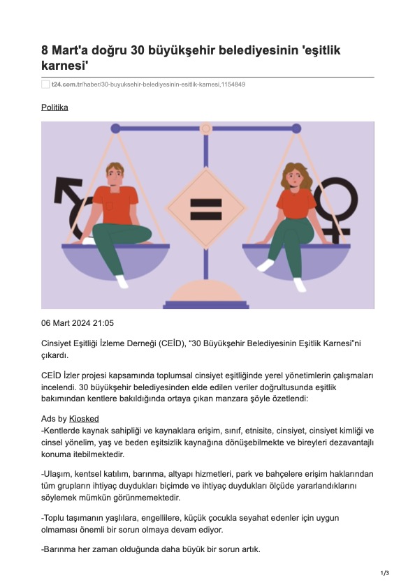 T24: Cinsiyet Eşitliği İzleme Derneği (CEİD), "30 Büyükşehir Belediyesinin Eşitlik Karnesi"ni Çıkardı